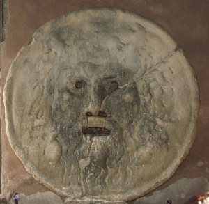 First-century plaque or well cover embedded into the wall of the church of ‘Santa Maria in Cosmedin,’ in Rome.